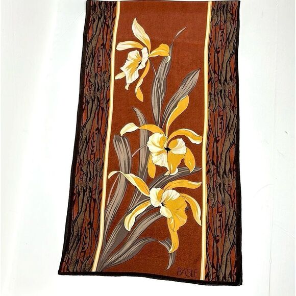 Basile Oblong Silk Scarf Brown Yellow Orchid Hand Rolled - Picture 2 of 10